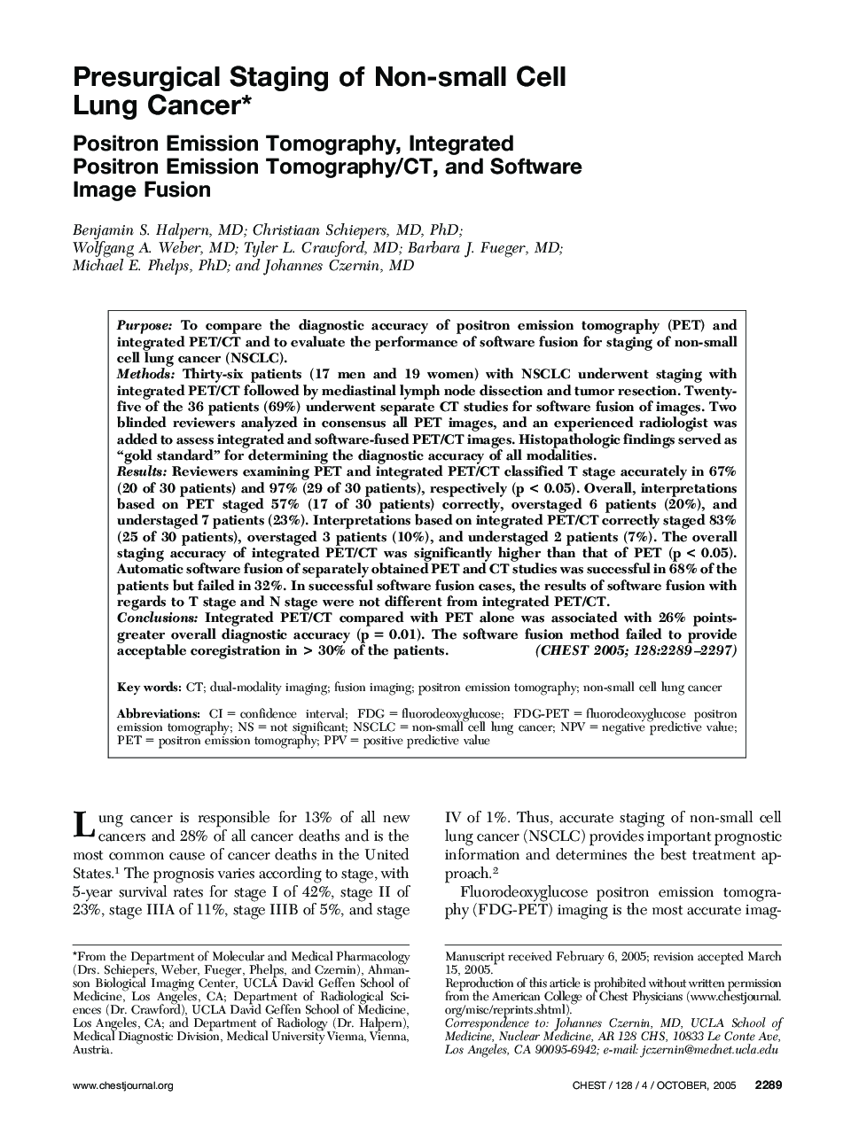 Presurgical Staging of Non-small Cell Lung Cancer : Positron Emission Tomography, Integrated Positron Emission Tomography/CT, and Software Image Fusion