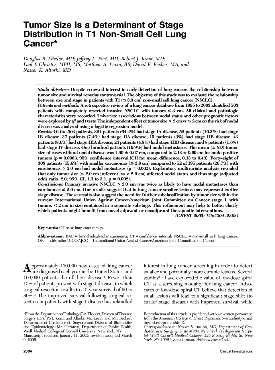 Tumor Size Is a Determinant of Stage Distribution in T1 Non-Small Cell Lung Cancer 