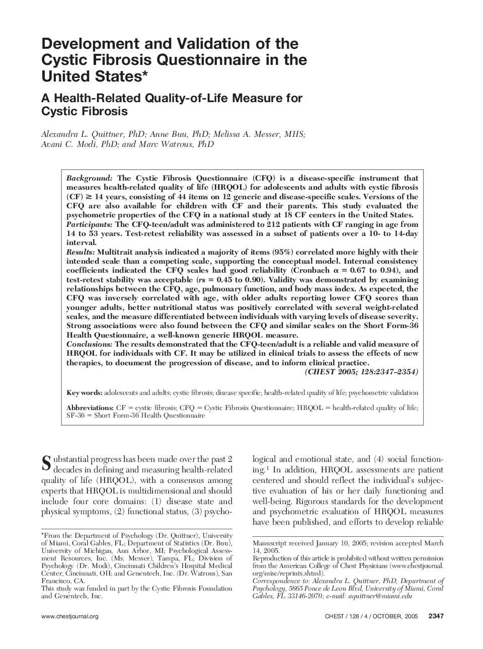 Development and Validation of the Cystic Fibrosis Questionnaire in the United States : A Health-Related Quality-of-Life Measure for Cystic Fibrosis