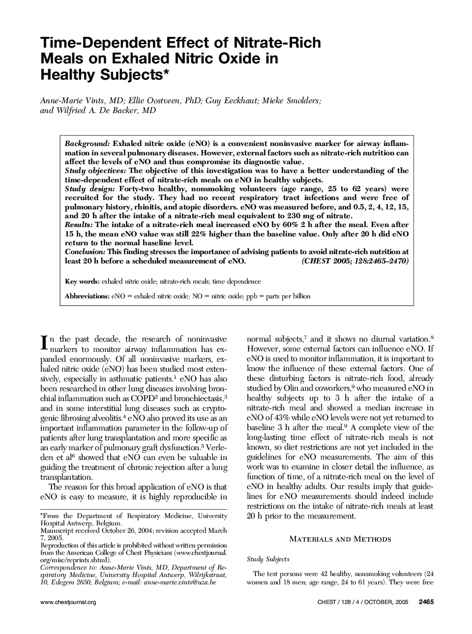 Time-Dependent Effect of Nitrate-Rich Meals on Exhaled Nitric Oxide in Healthy Subjects 