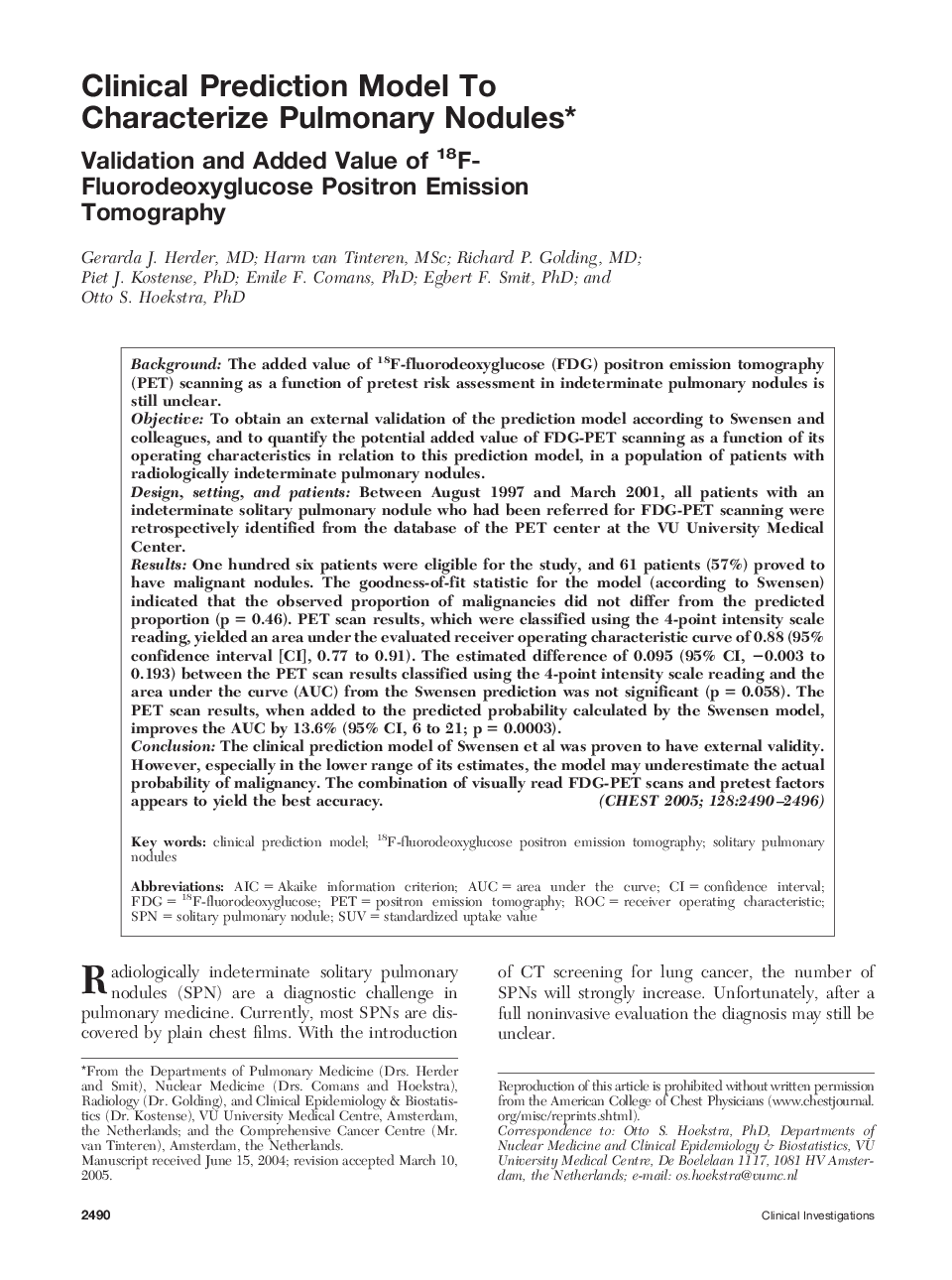 Clinical Prediction Model To Characterize Pulmonary Nodules : Validation and Added Value of 18 F-Fluorodeoxyglucose Positron Emission Tomography