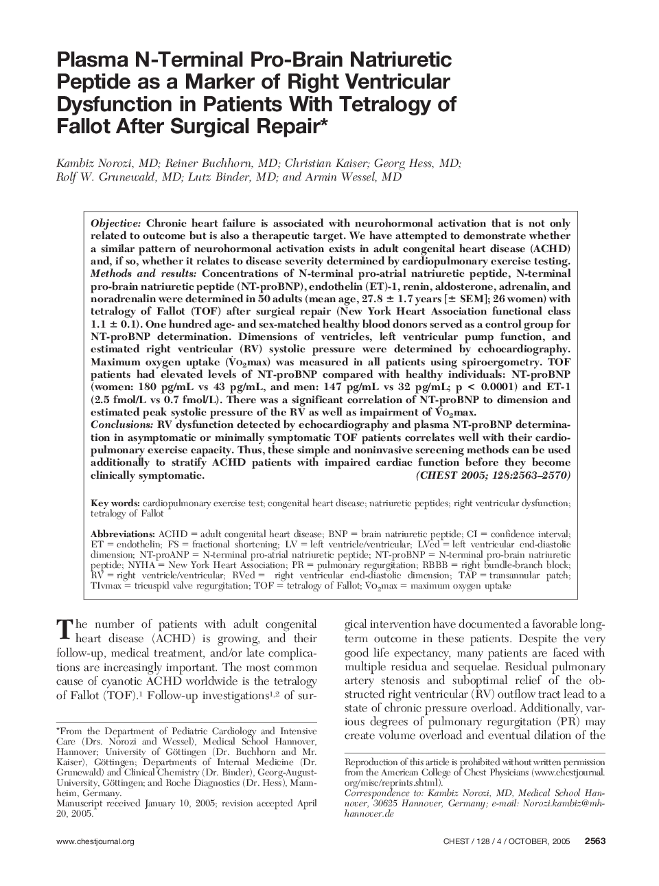 Plasma N-Terminal Pro-Brain Natriuretic Peptide as a Marker of Right Ventricular Dysfunction in Patients With Tetralogy of Fallot After Surgical Repair