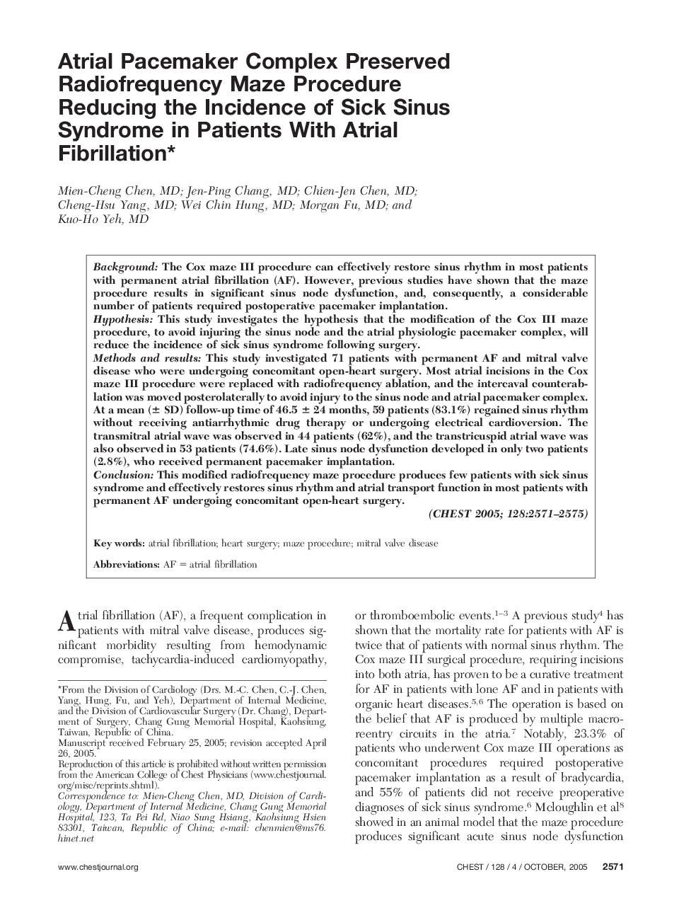 Atrial Pacemaker Complex Preserved Radiofrequency Maze Procedure Reducing the Incidence of Sick Sinus Syndrome in Patients With Atrial Fibrillation 