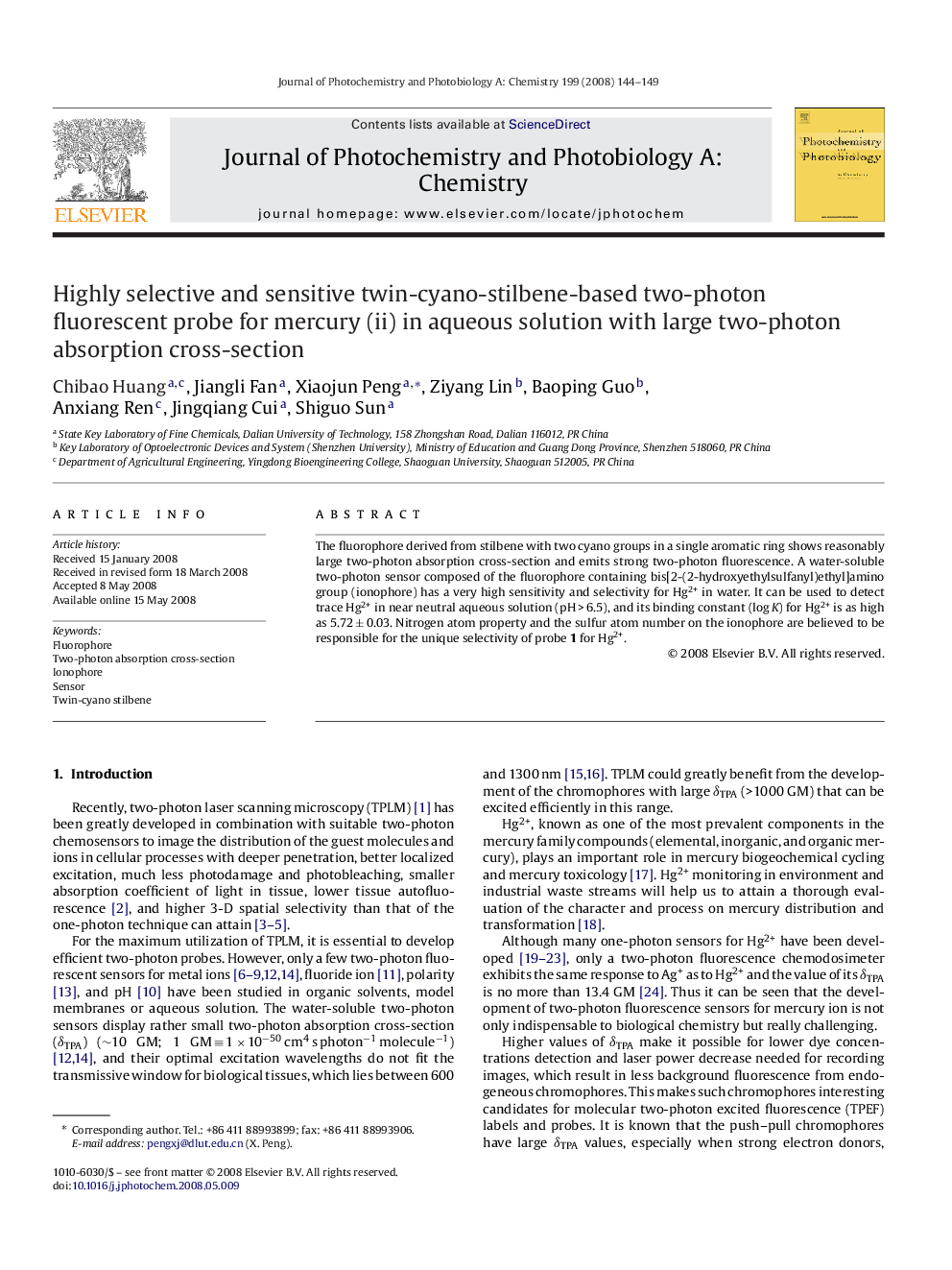 Highly selective and sensitive twin-cyano-stilbene-based two-photon fluorescent probe for mercury (ii) in aqueous solution with large two-photon absorption cross-section