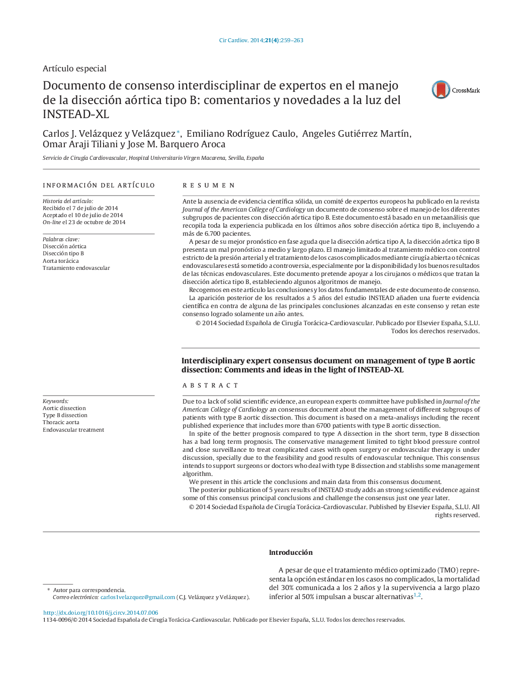Documento de consenso interdisciplinar de expertos en el manejo de la disección aórtica tipo B: comentarios y novedades a la luz del INSTEAD-XL