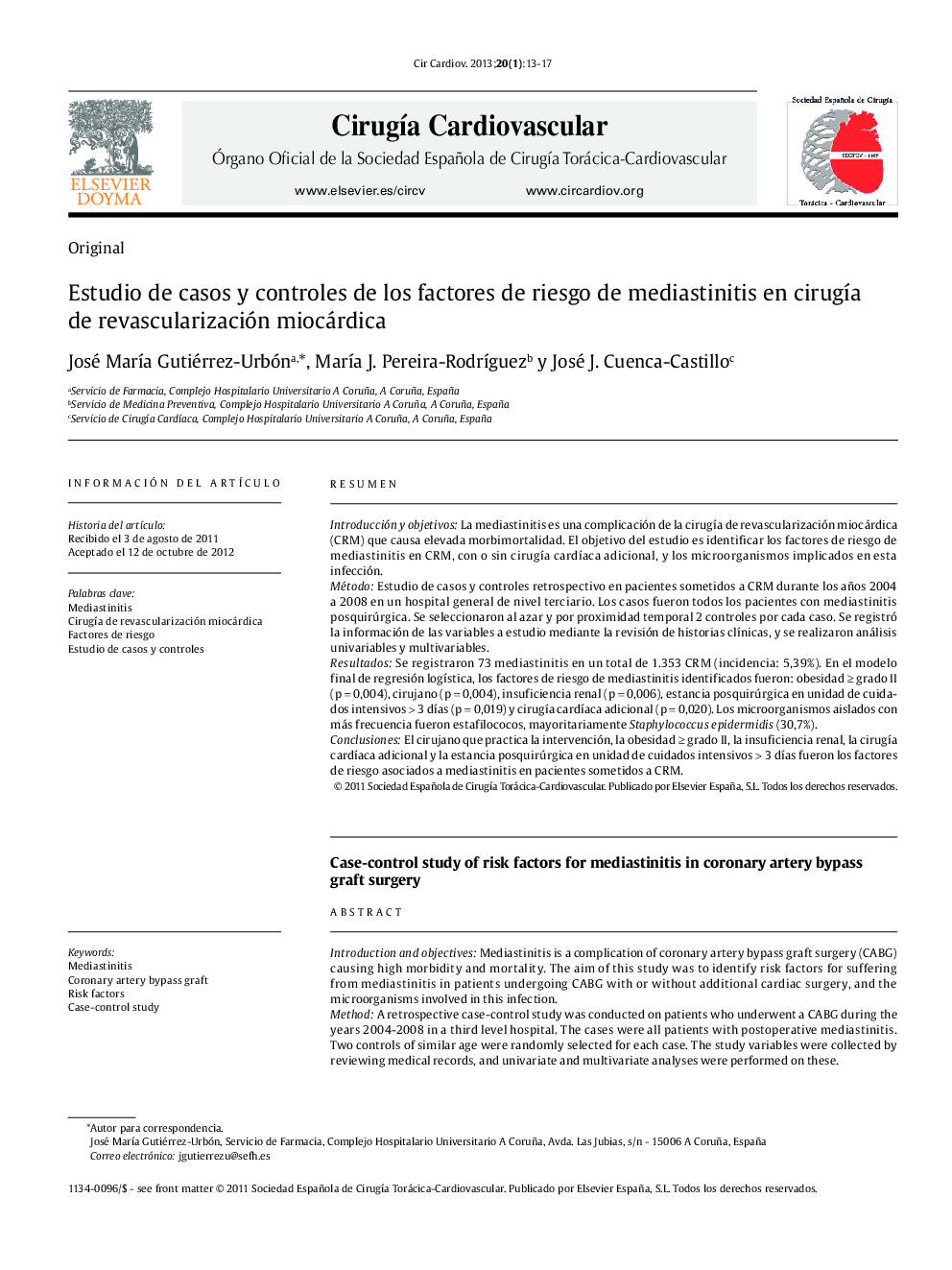 Estudio de casos y controles de los factores de riesgo de mediastinitis en cirugía de revascularización miocárdica
