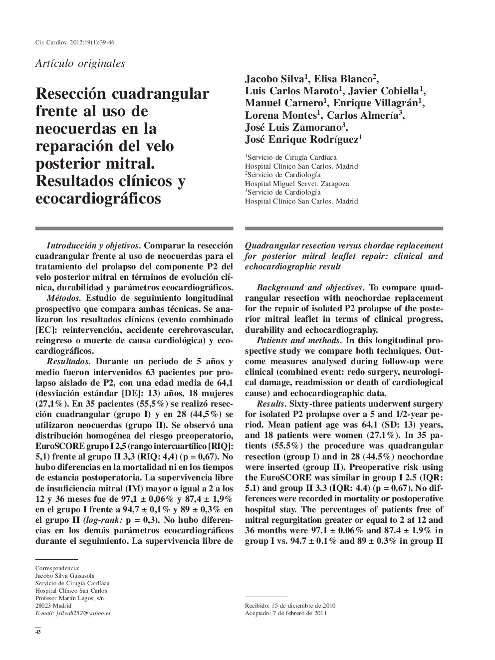 Resección cuadrangular frente al uso de neocuerdas en la reparación del velo posterior mitral. Resultados clínicos y ecocardiográficos