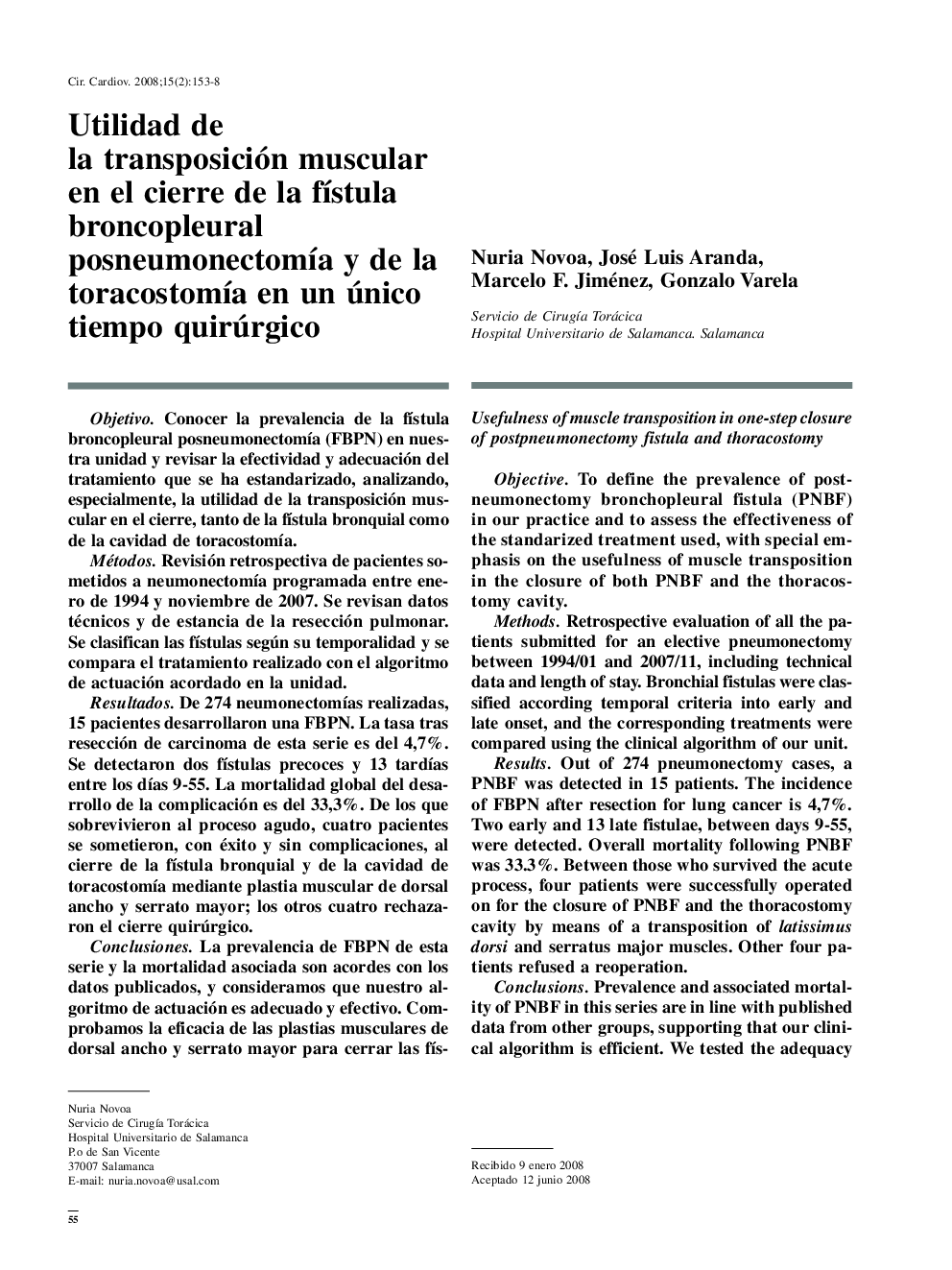 Utilidad de la transposición muscular en el cierre de la fístula broncopleural posneumonectomía y de la toracostomía en un único tiempo quirúrgico