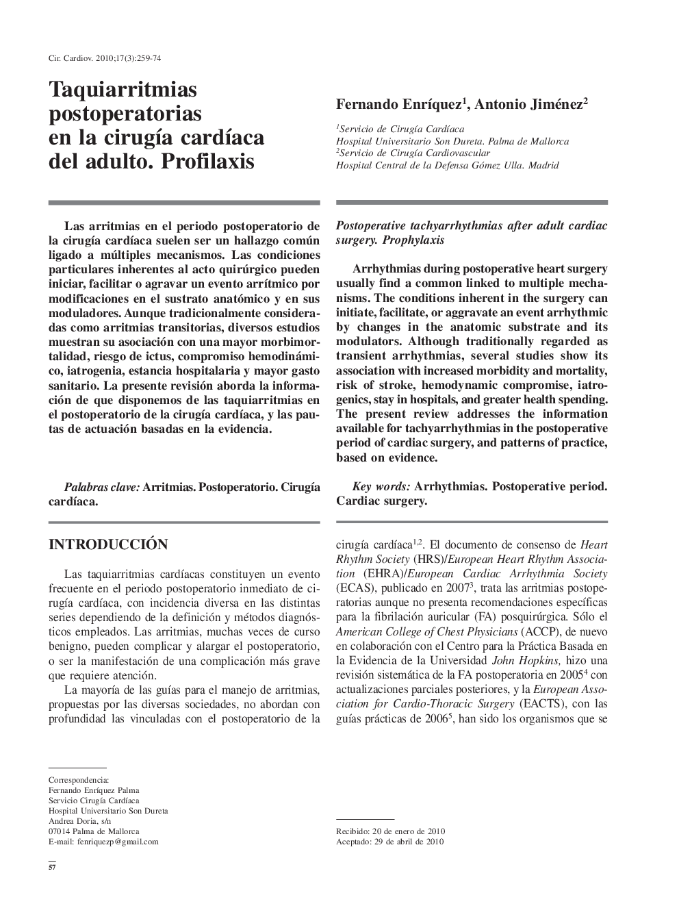 Taquiarritmias postoperatorias en la cirugía cardíaca del adulto. Profilaxis