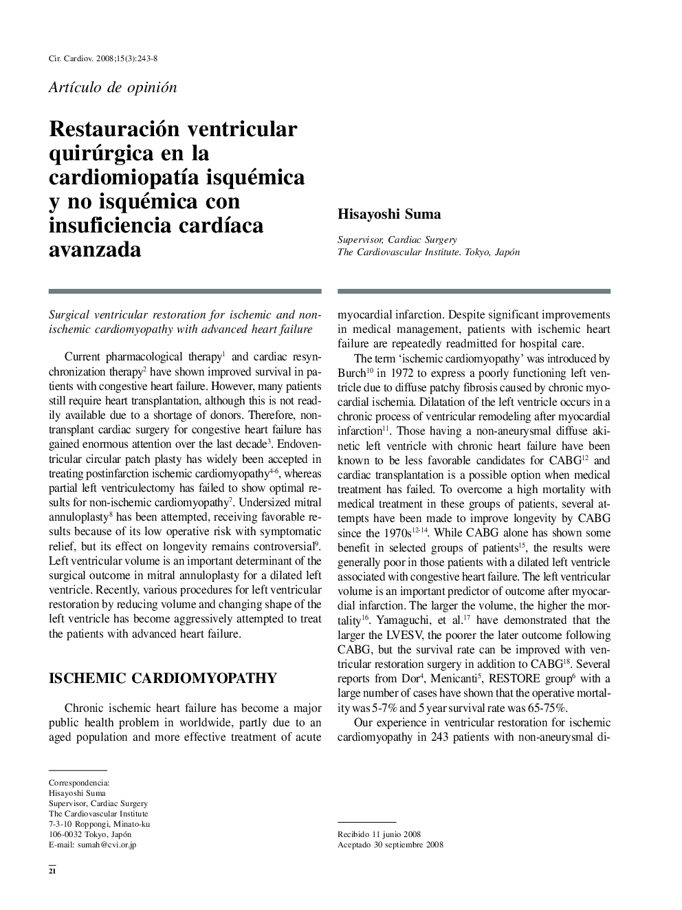 Restauración ventricular quirúrgica en la cardiomiopatÃ­a isquémica y no isquémica con insuficiencia cardÃ­aca avanzada