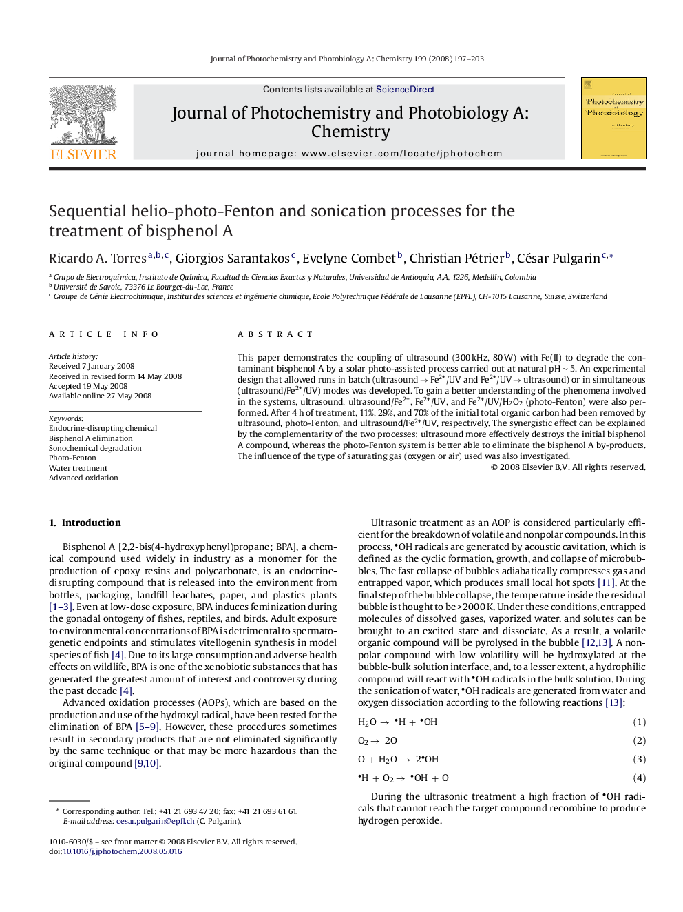 Sequential helio-photo-Fenton and sonication processes for the treatment of bisphenol A