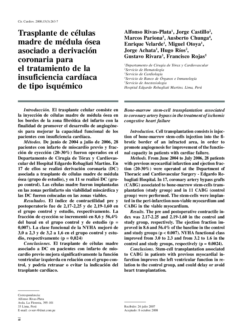 Trasplante de células madre de médula ósea asociado a derivación coronaria para el tratamiento de la insuficiencia cardíaca de tipo isquémico