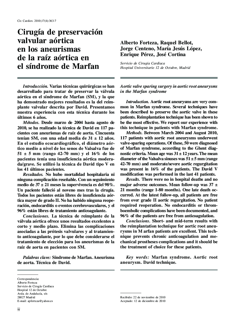 Cirugía de preservación valvular aórtica en los aneurismas de la raíz aórtica en el síndrome de Marfan