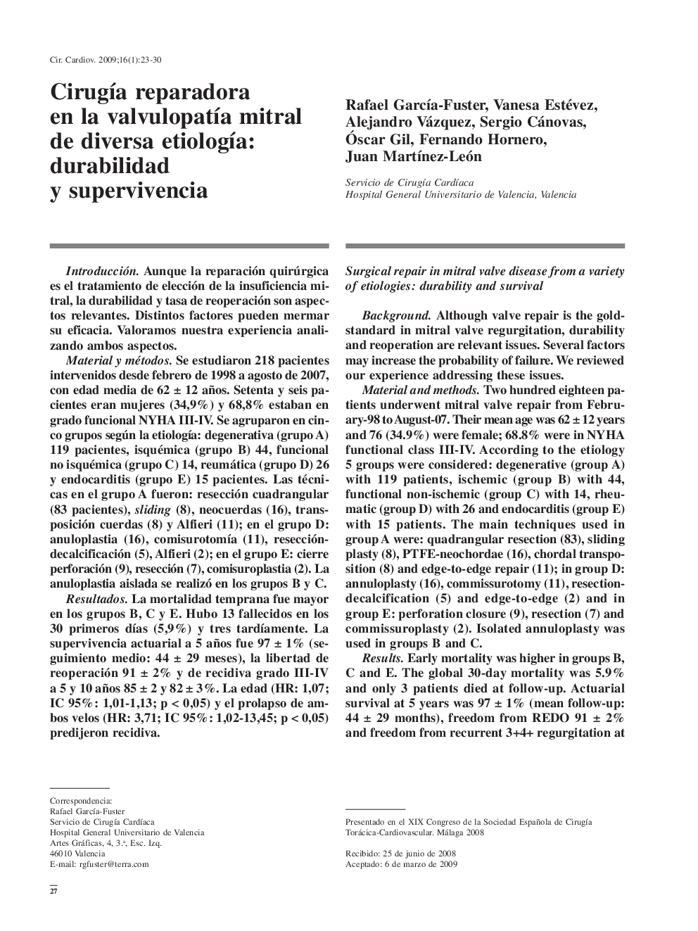 Cirugía reparadora en la valvulopatía mitral de diversa etiología: durabilidad y supervivencia