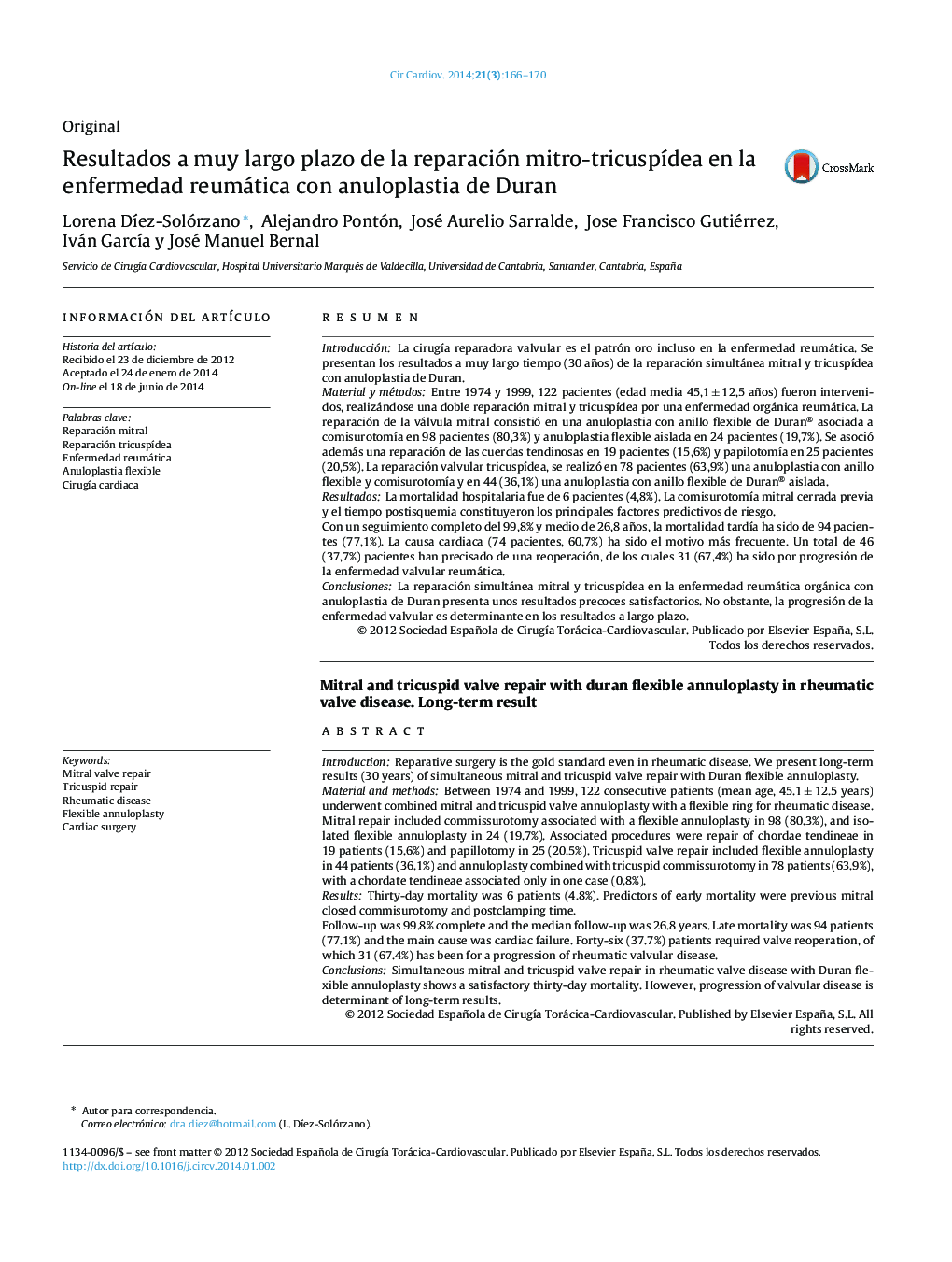 Resultados a muy largo plazo de la reparación mitro-tricuspídea en la enfermedad reumática con anuloplastia de Duran