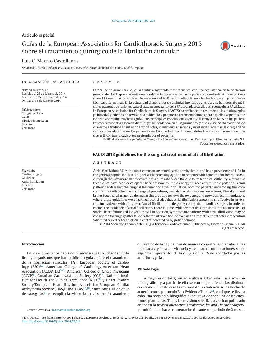 Guías de la European Association for Cardiothoracic Surgery 2013 sobre el tratamiento quirúrgico de la fibrilación auricular