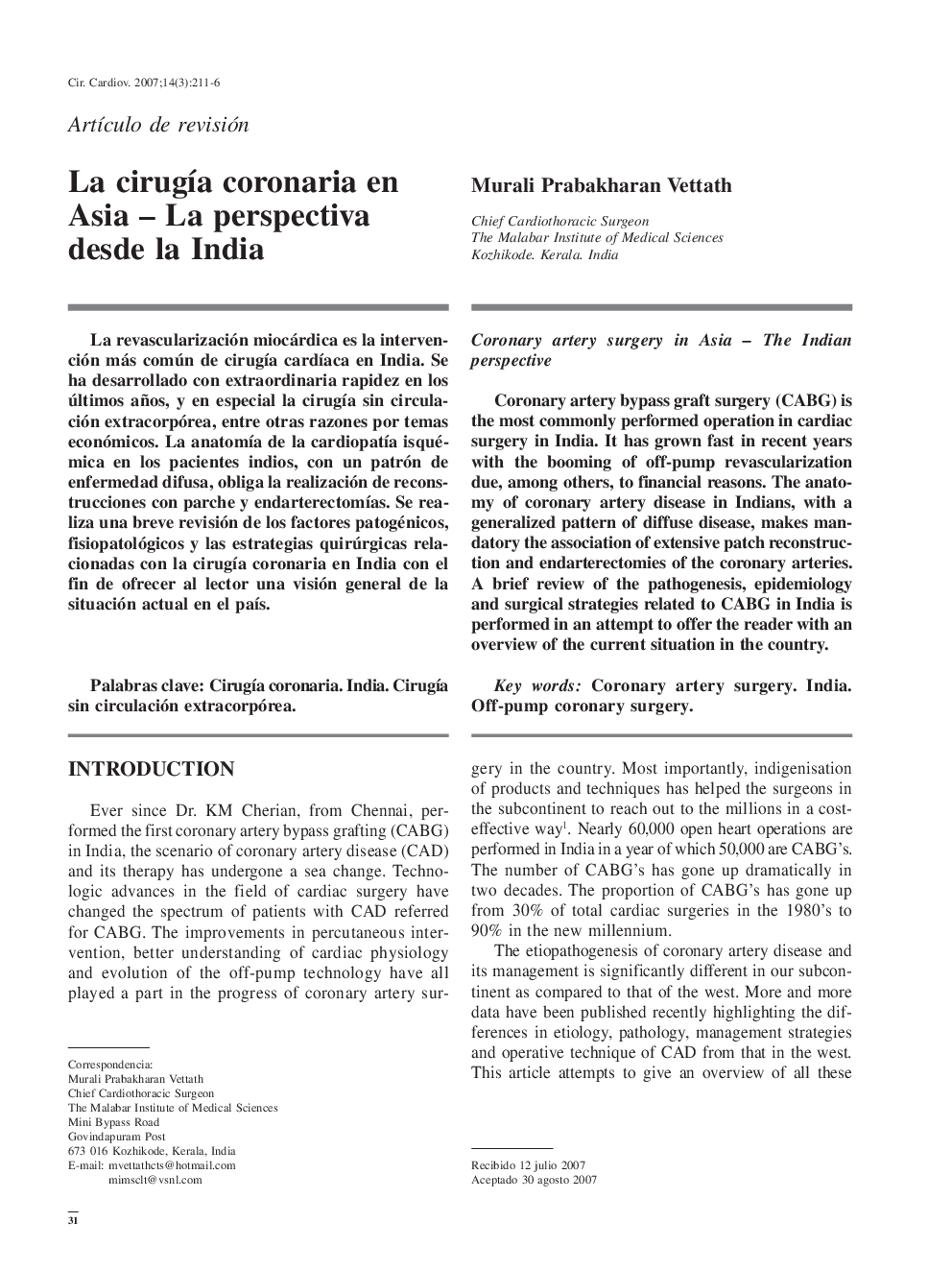 La cirugía coronaria en Asia – La perspectiva desde la India