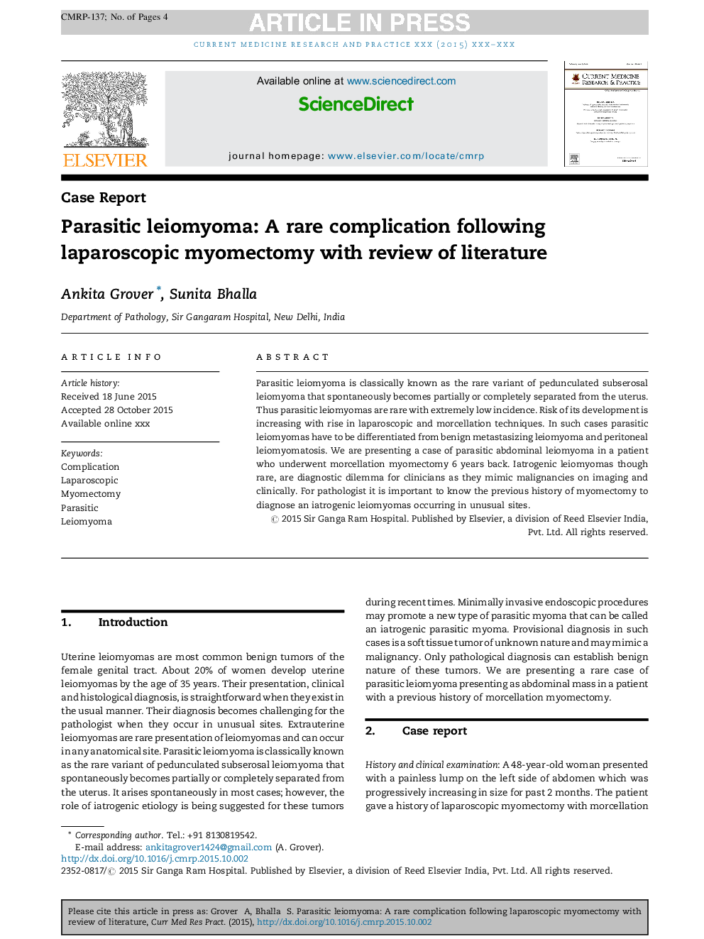 Parasitic leiomyoma: A rare complication following laparoscopic myomectomy with review of literature