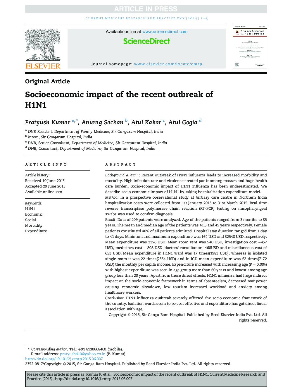 Socioeconomic impact of the recent outbreak of H1N1