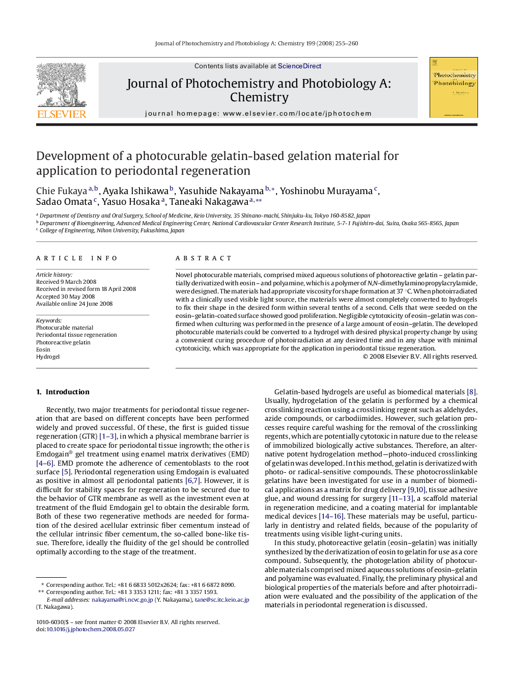 Development of a photocurable gelatin-based gelation material for application to periodontal regeneration