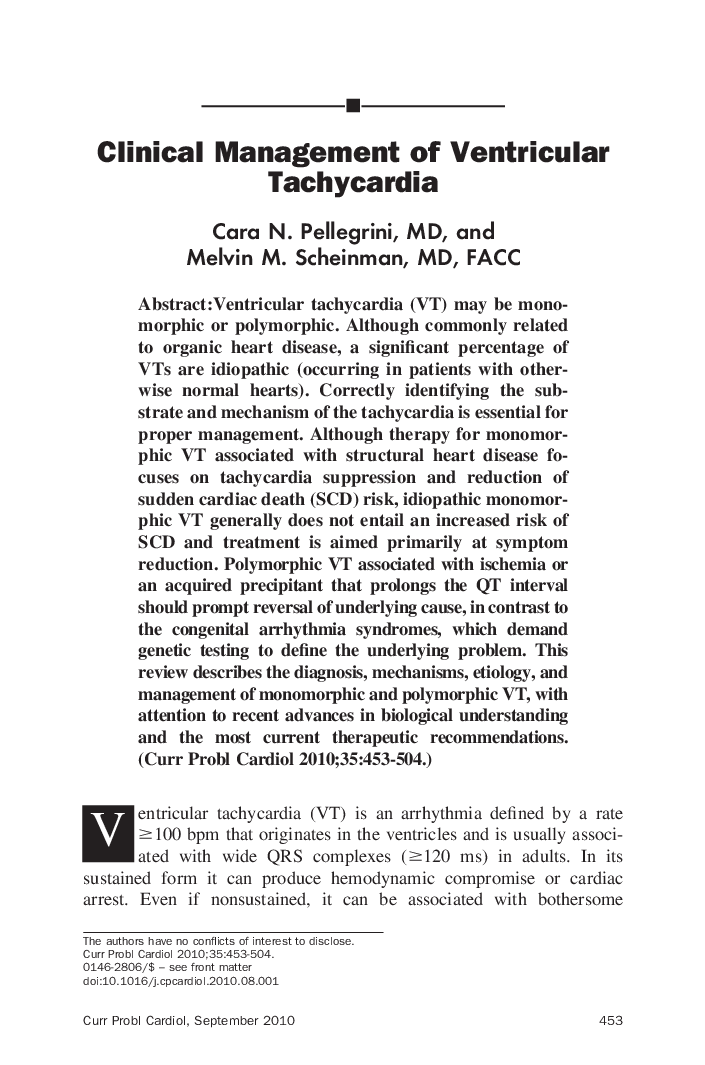 عکس صفحه اول مقاله: Clinical Management of Ventricular Tachycardia Clinical Management of Ventricular Tachycardia