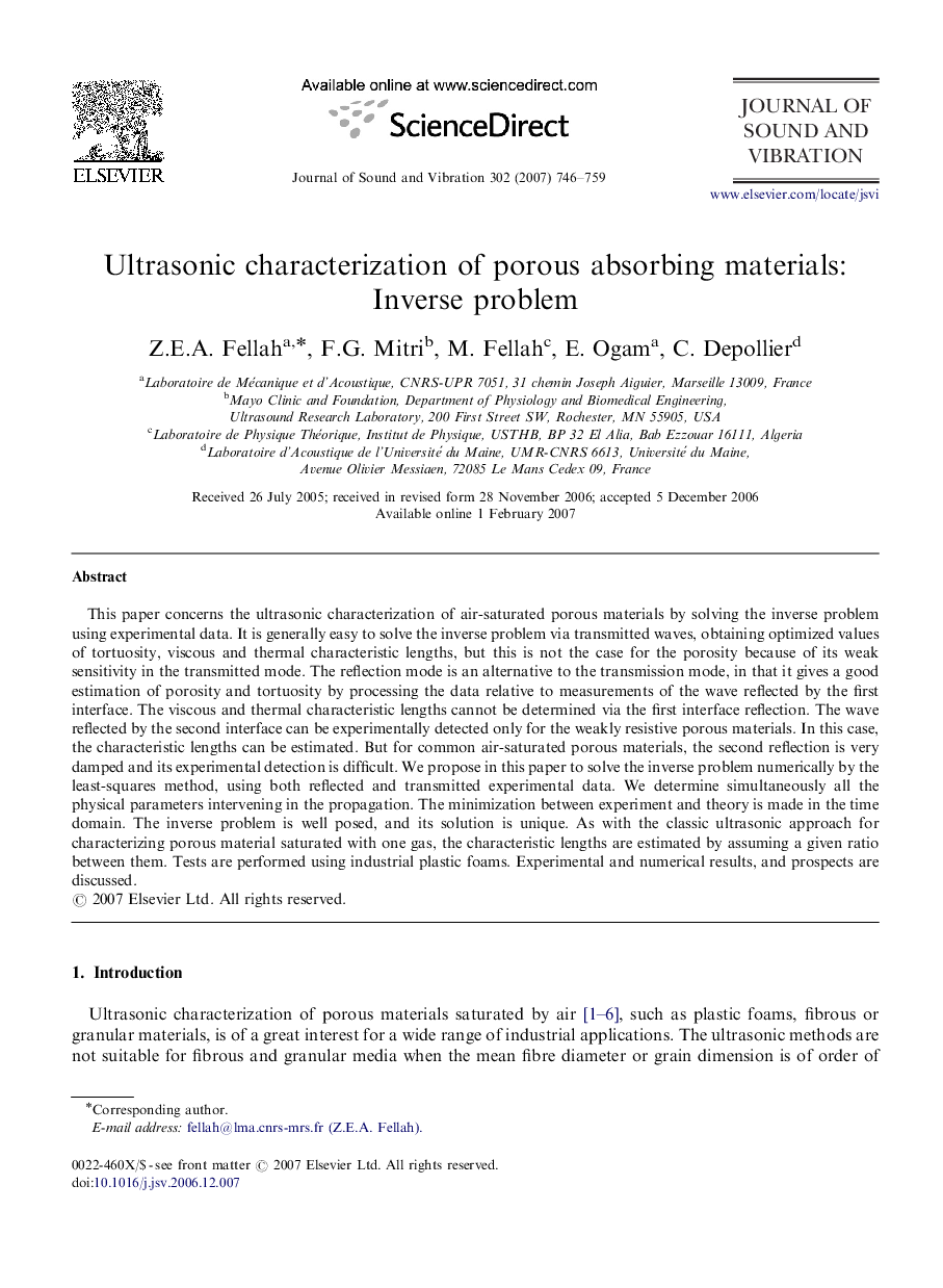 Ultrasonic characterization of porous absorbing materials: Inverse problem