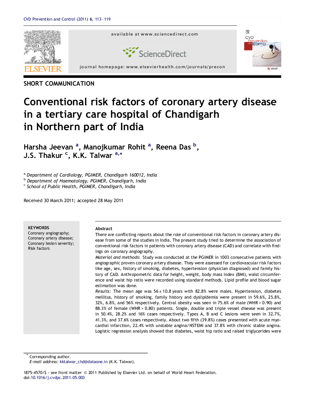 Conventional risk factors of coronary artery disease in a tertiary care hospital of Chandigarh in Northern part of India