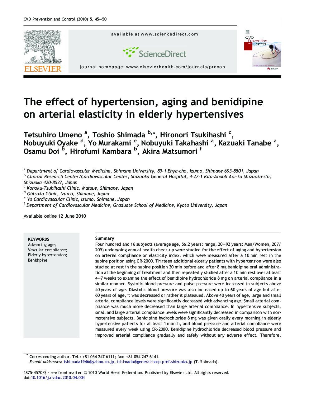 The effect of hypertension, aging and benidipine on arterial elasticity in elderly hypertensives