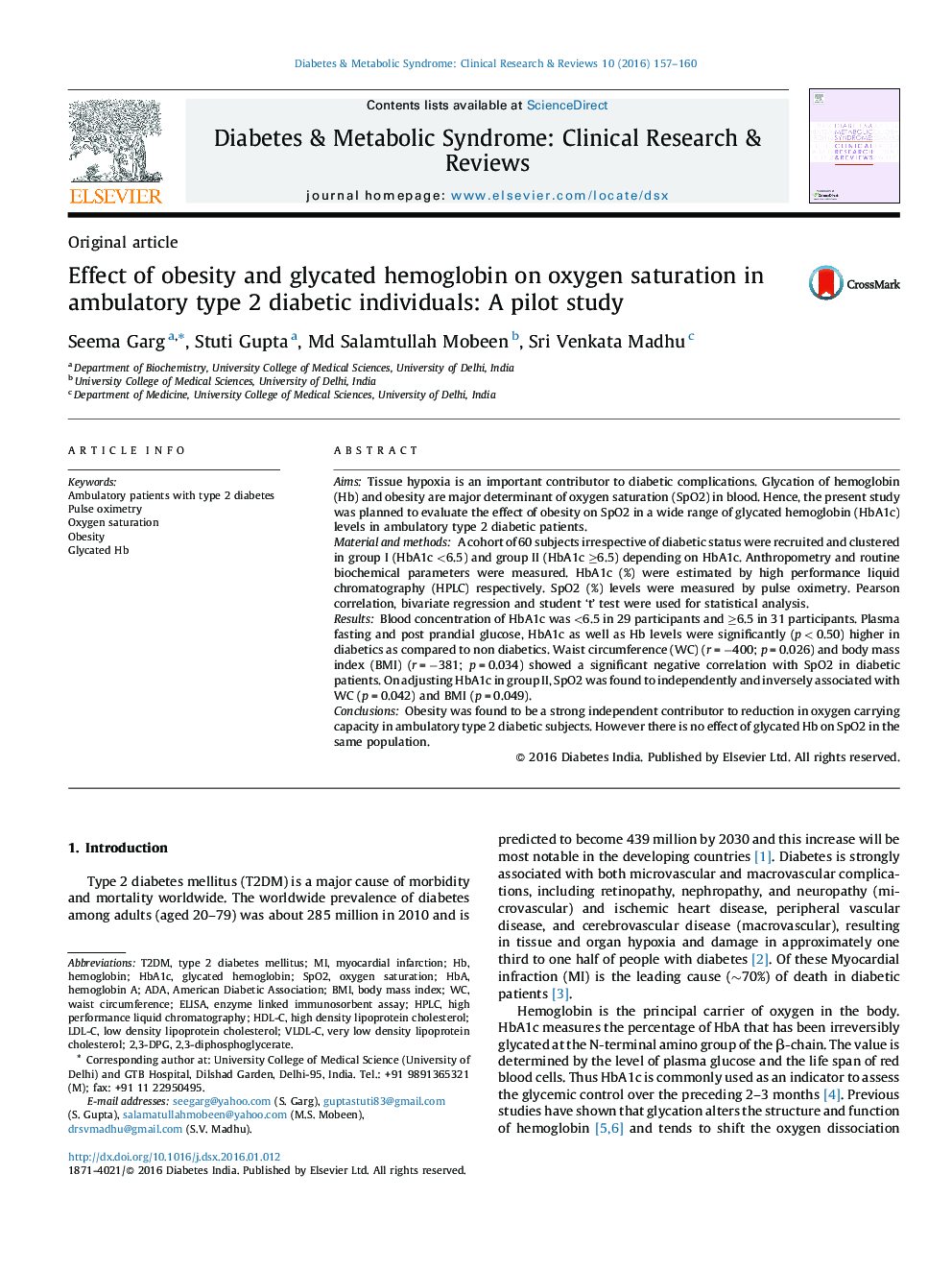 Effect of obesity and glycated hemoglobin on oxygen saturation in ambulatory type 2 diabetic individuals: A pilot study