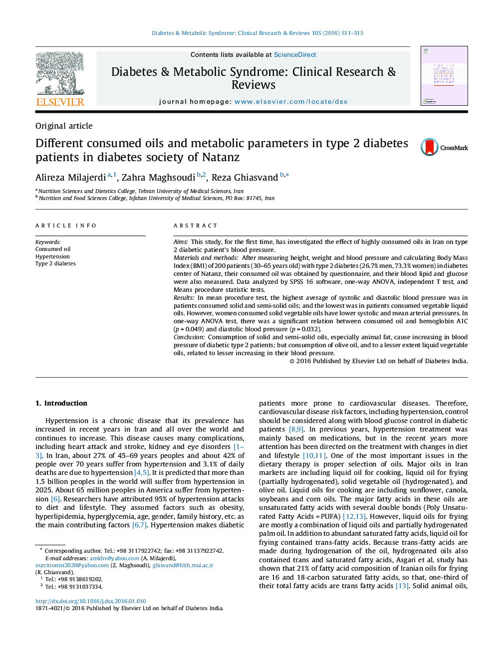 روغن‌های مختلف مصرفی و پارامترهای متابولیک در بیماران مبتلا به دیابت نوع 2 در جامعه دیابتی شهر نطنز