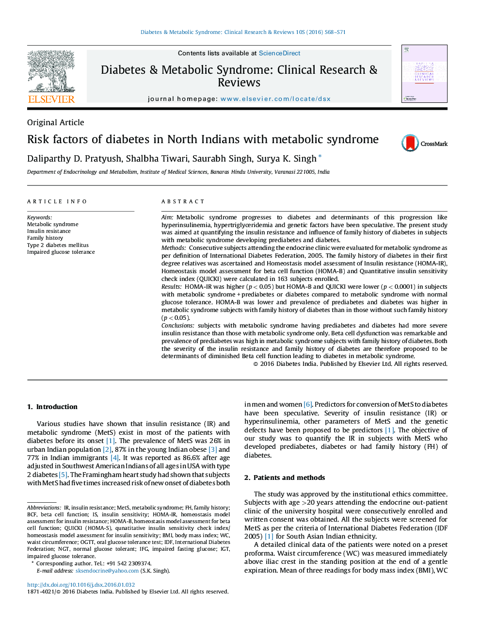 Risk factors of diabetes in North Indians with metabolic syndrome