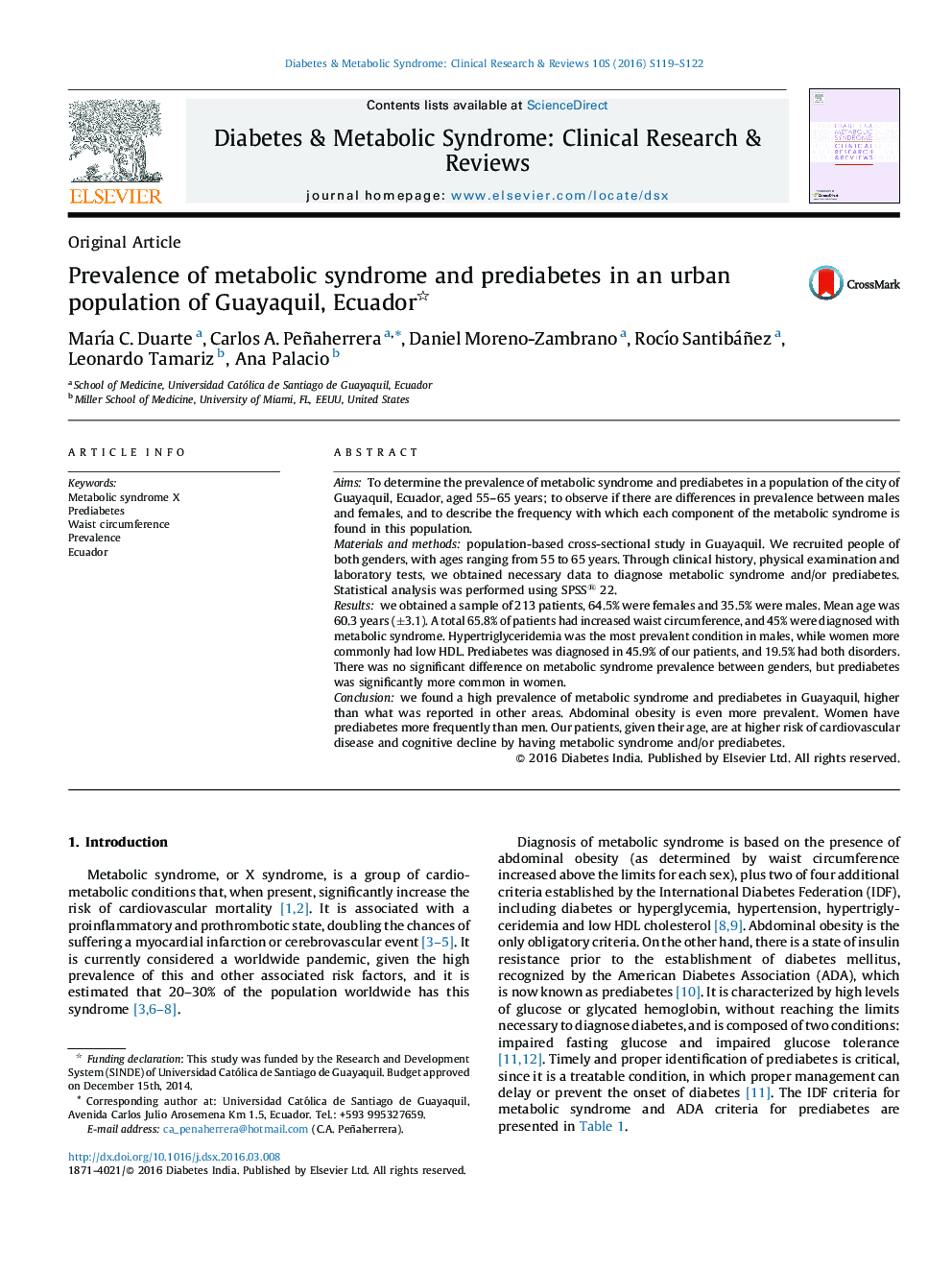 Prevalence of metabolic syndrome and prediabetes in an urban population of Guayaquil, Ecuador 