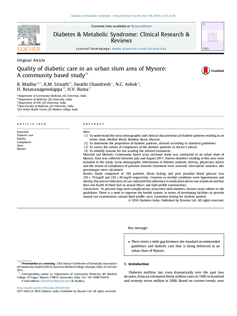 Quality of diabetic care in an urban slum area of Mysore: A community based study 