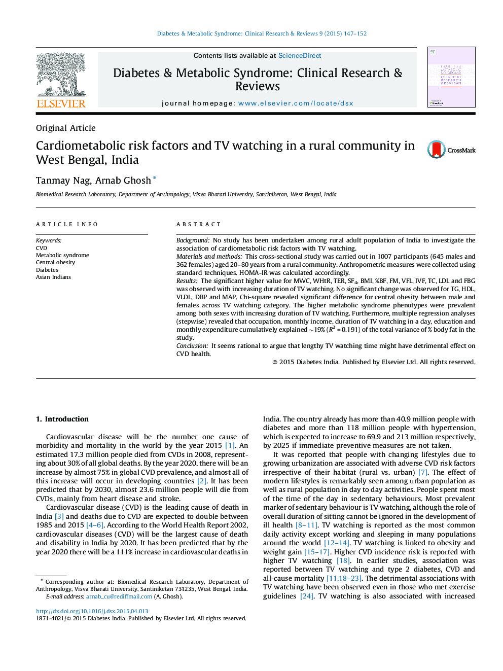 Cardiometabolic risk factors and TV watching in a rural community in West Bengal, India