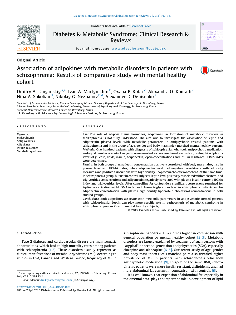 Association of adipokines with metabolic disorders in patients with schizophrenia: Results of comparative study with mental healthy cohort