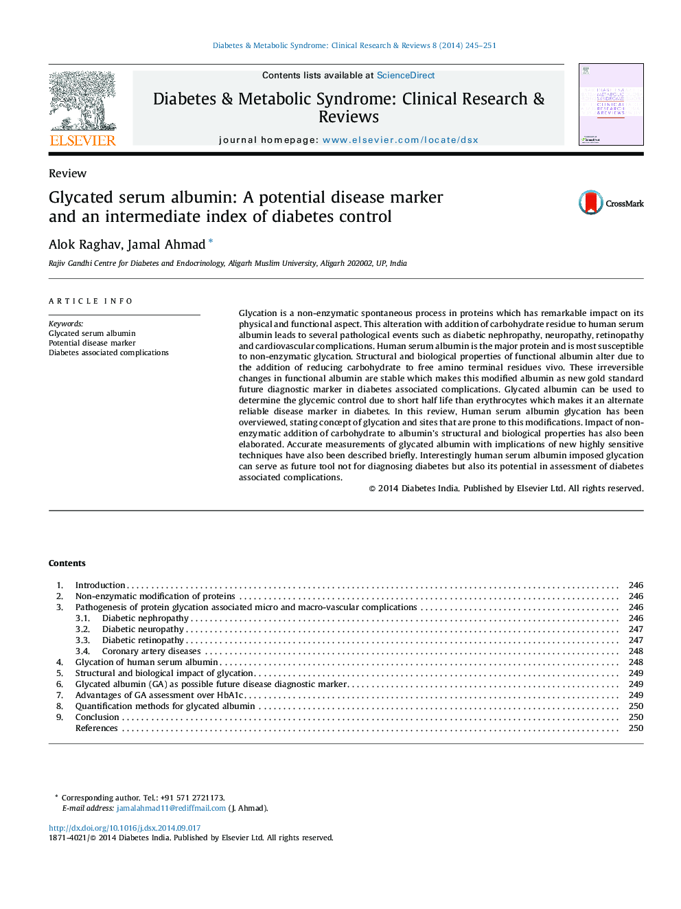 Glycated serum albumin: A potential disease marker and an intermediate index of diabetes control