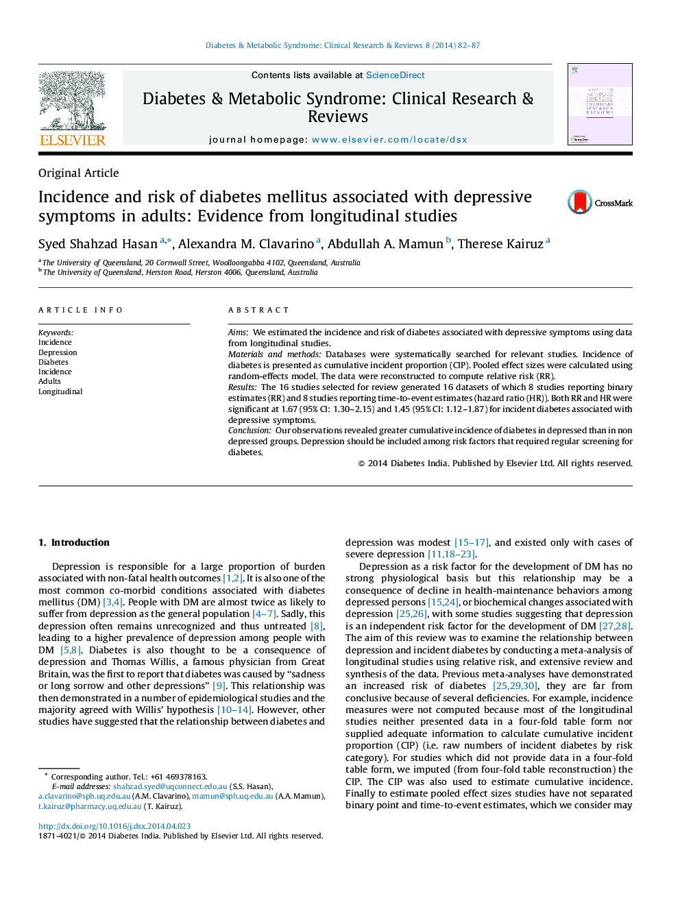 Incidence and risk of diabetes mellitus associated with depressive symptoms in adults: Evidence from longitudinal studies