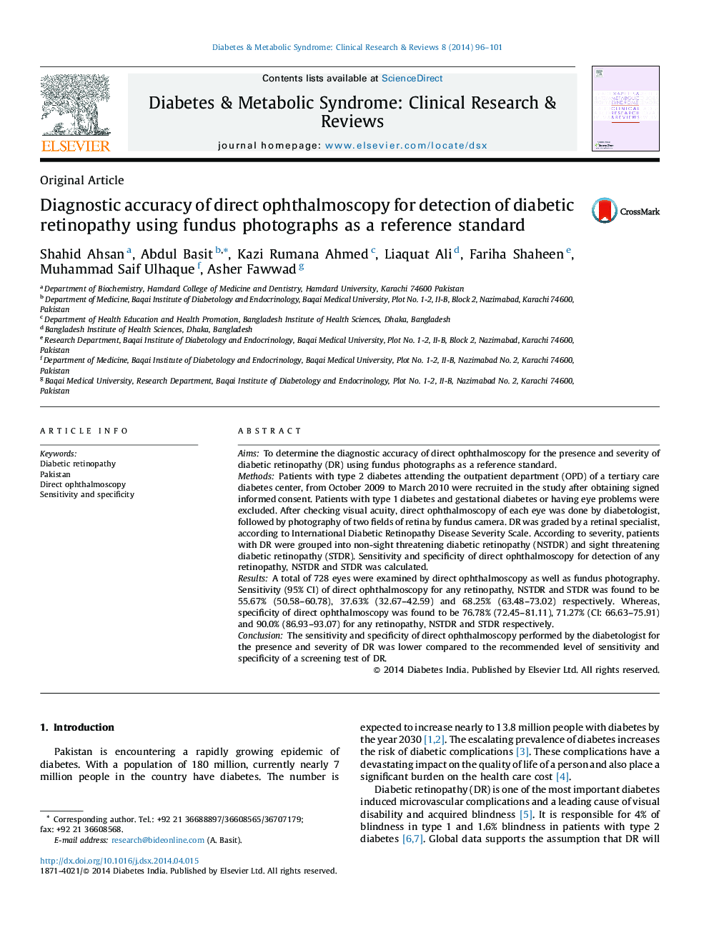 Diagnostic accuracy of direct ophthalmoscopy for detection of diabetic retinopathy using fundus photographs as a reference standard