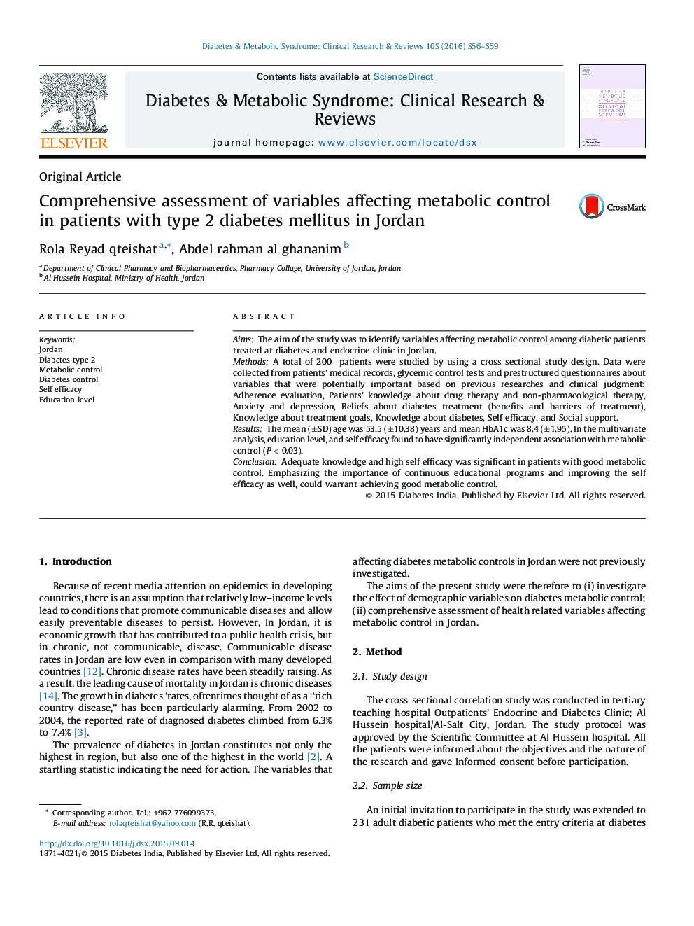 ارزیابی جامع متغیرهای موثر بر کنترل متابولیک در بیماران دیابتی نوع 2 در اردن  