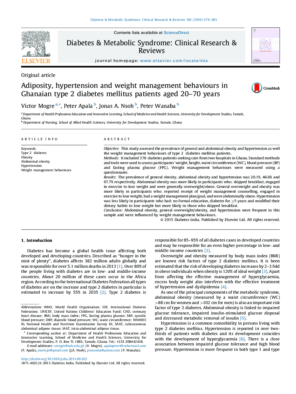 Adiposity, hypertension and weight management behaviours in Ghanaian type 2 diabetes mellitus patients aged 20–70 years