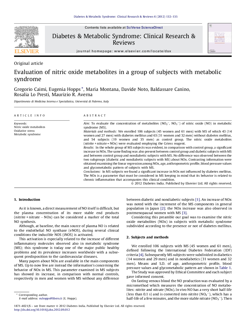 Evaluation of nitric oxide metabolites in a group of subjects with metabolic syndrome