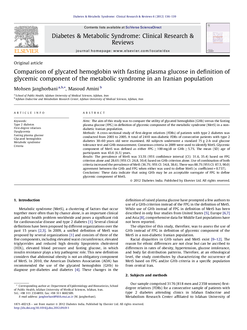 Comparison of glycated hemoglobin with fasting plasma glucose in definition of glycemic component of the metabolic syndrome in an Iranian population