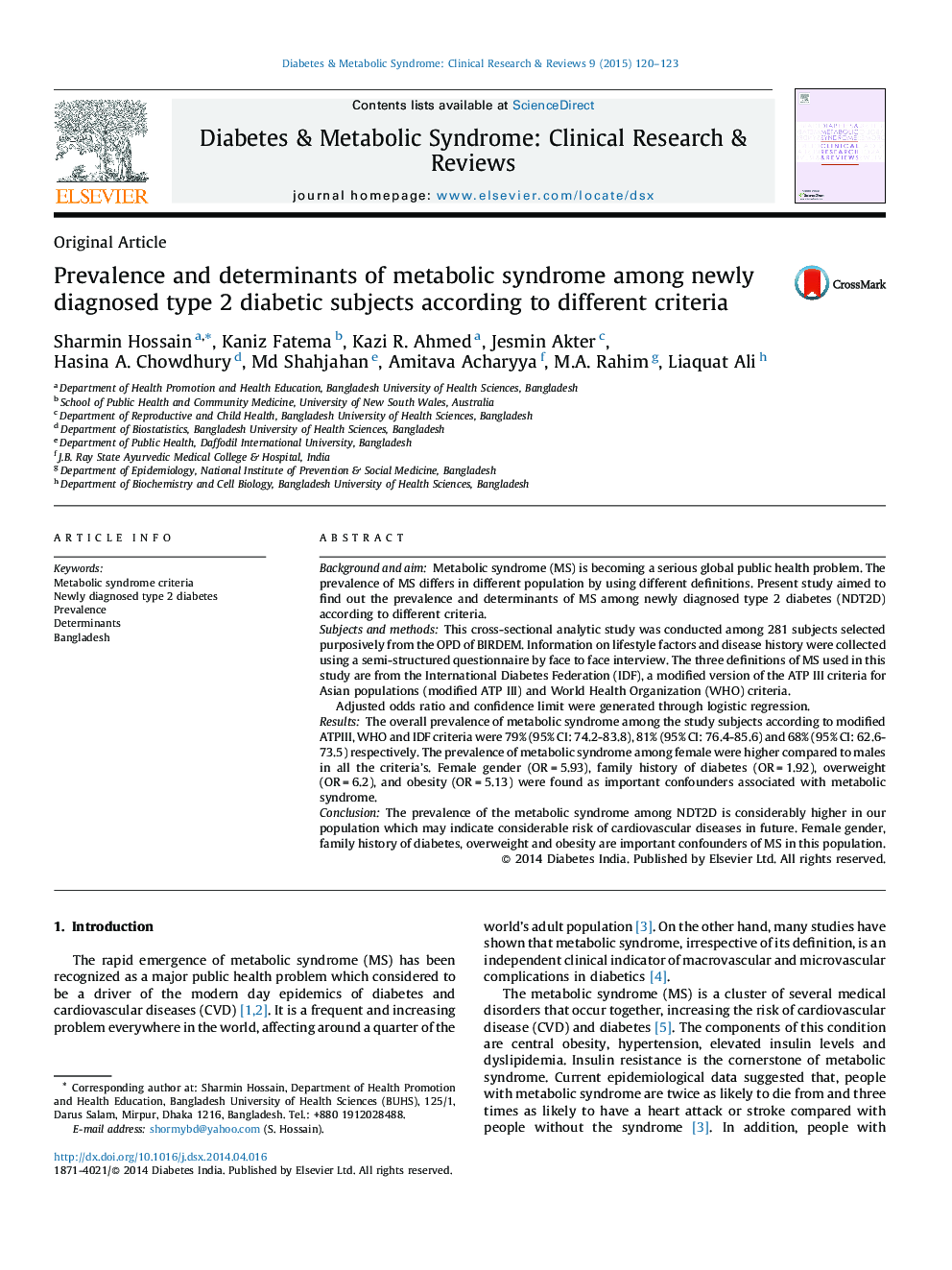 Prevalence and determinants of metabolic syndrome among newly diagnosed type 2 diabetic subjects according to different criteria