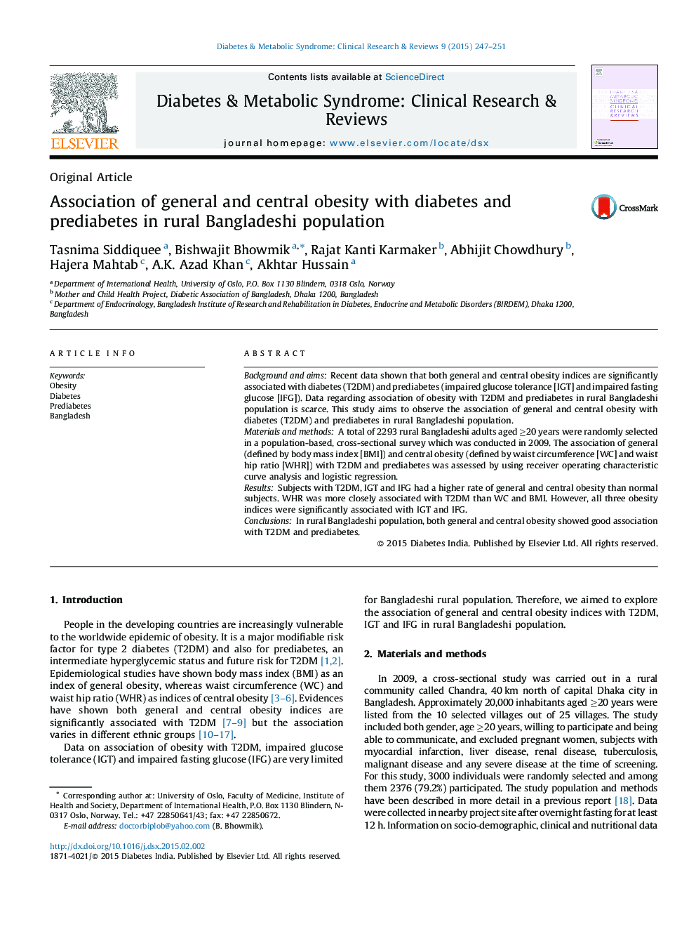 Association of general and central obesity with diabetes and prediabetes in rural Bangladeshi population