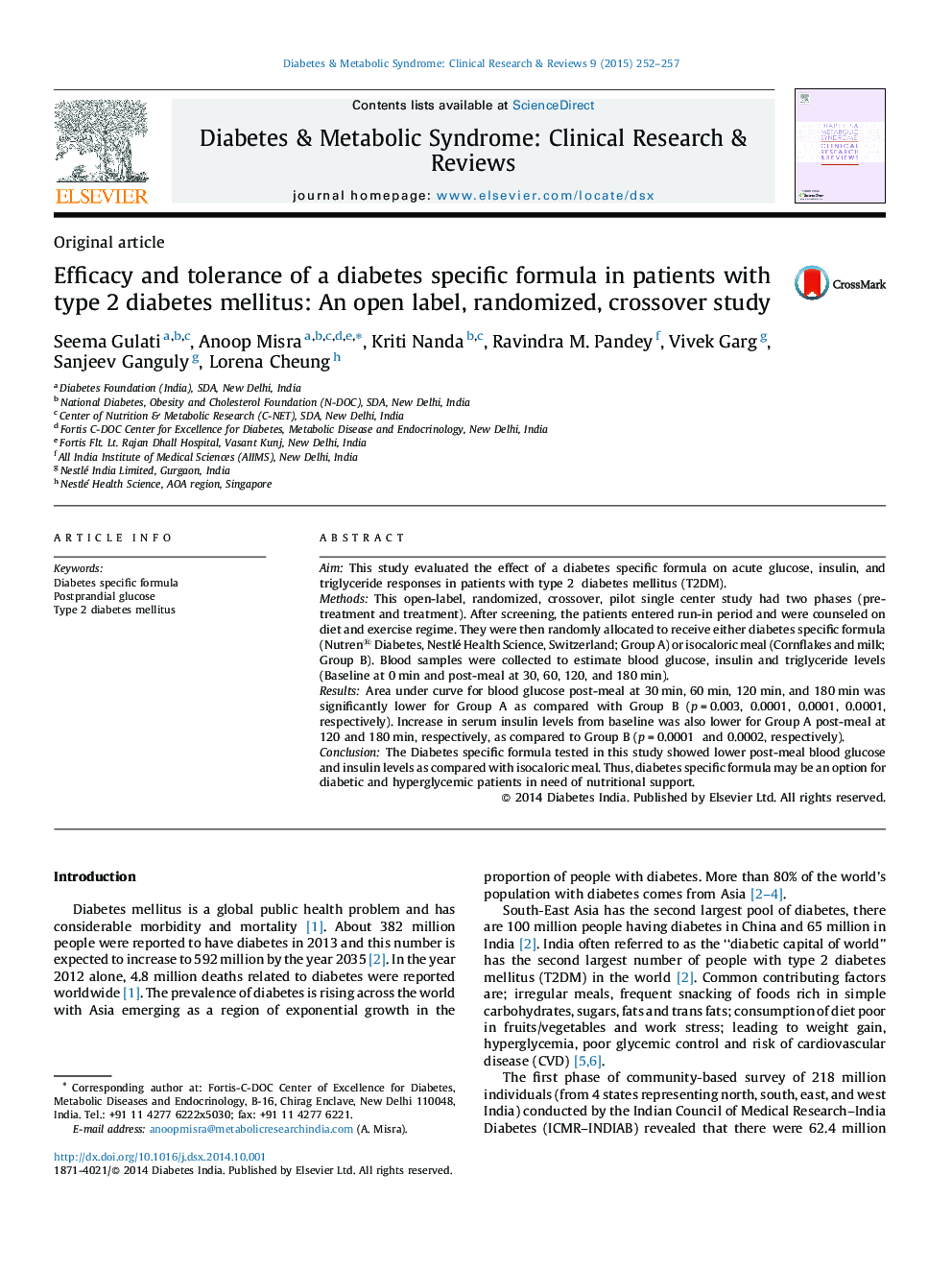 Efficacy and tolerance of a diabetes specific formula in patients with type 2 diabetes mellitus: An open label, randomized, crossover study