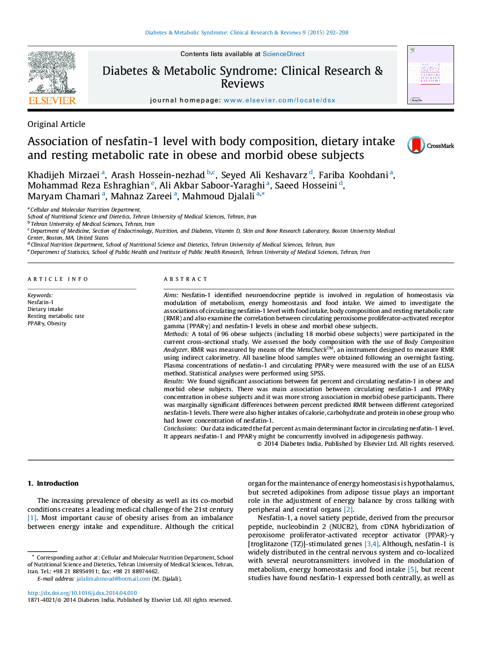 Association of nesfatin-1 level with body composition, dietary intake and resting metabolic rate in obese and morbid obese subjects