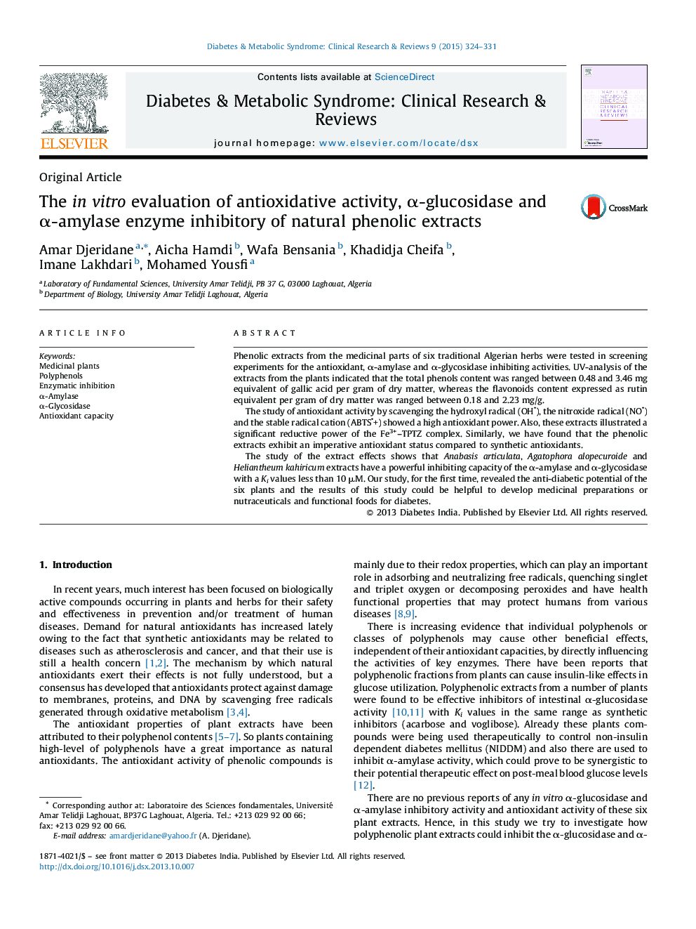 The in vitro evaluation of antioxidative activity, α-glucosidase and α-amylase enzyme inhibitory of natural phenolic extracts