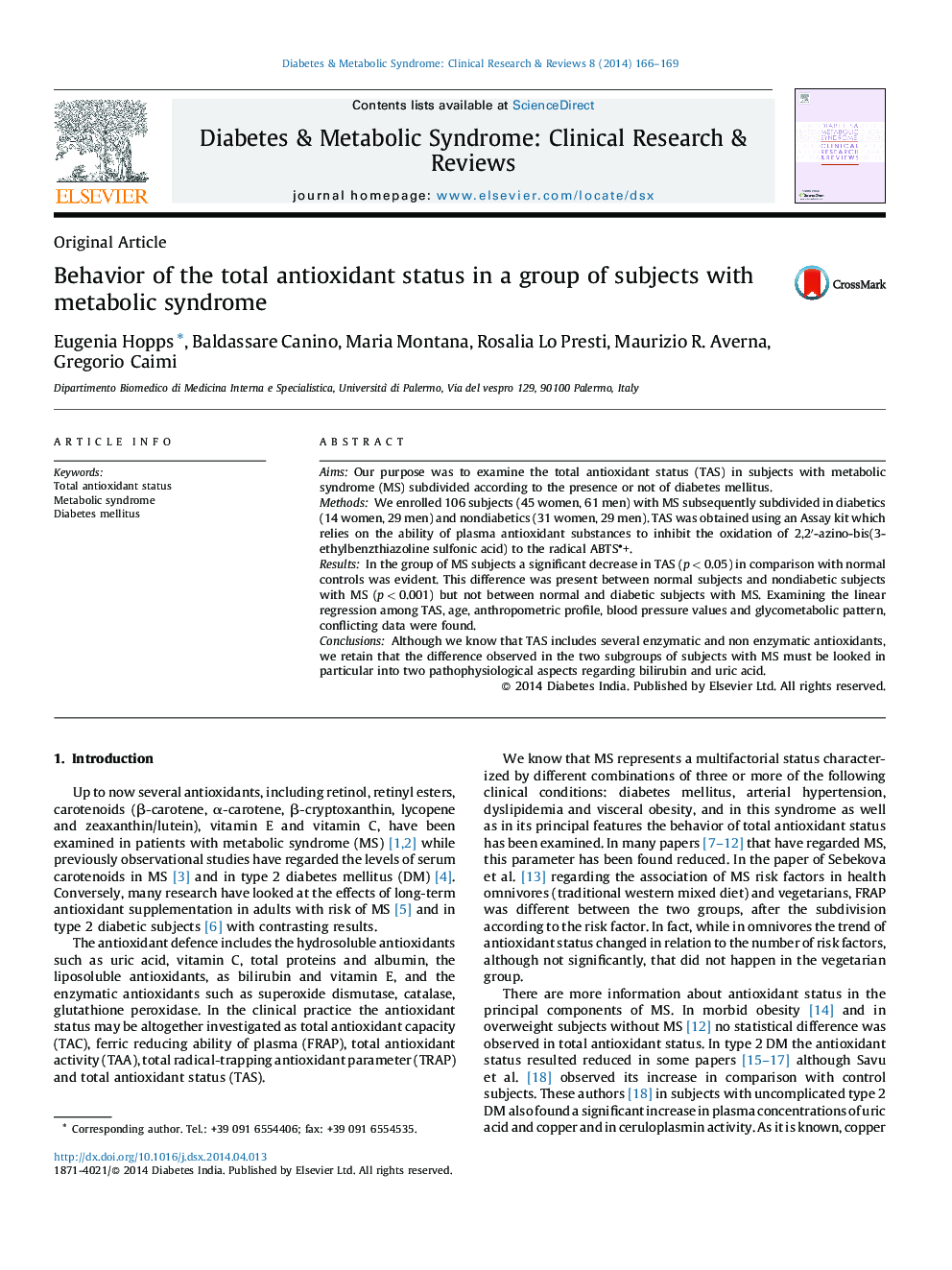 رفتار وضعیت کل آنتیاکسیدانی در یک گروه از افراد مبتلا به سندرم متابولیک 