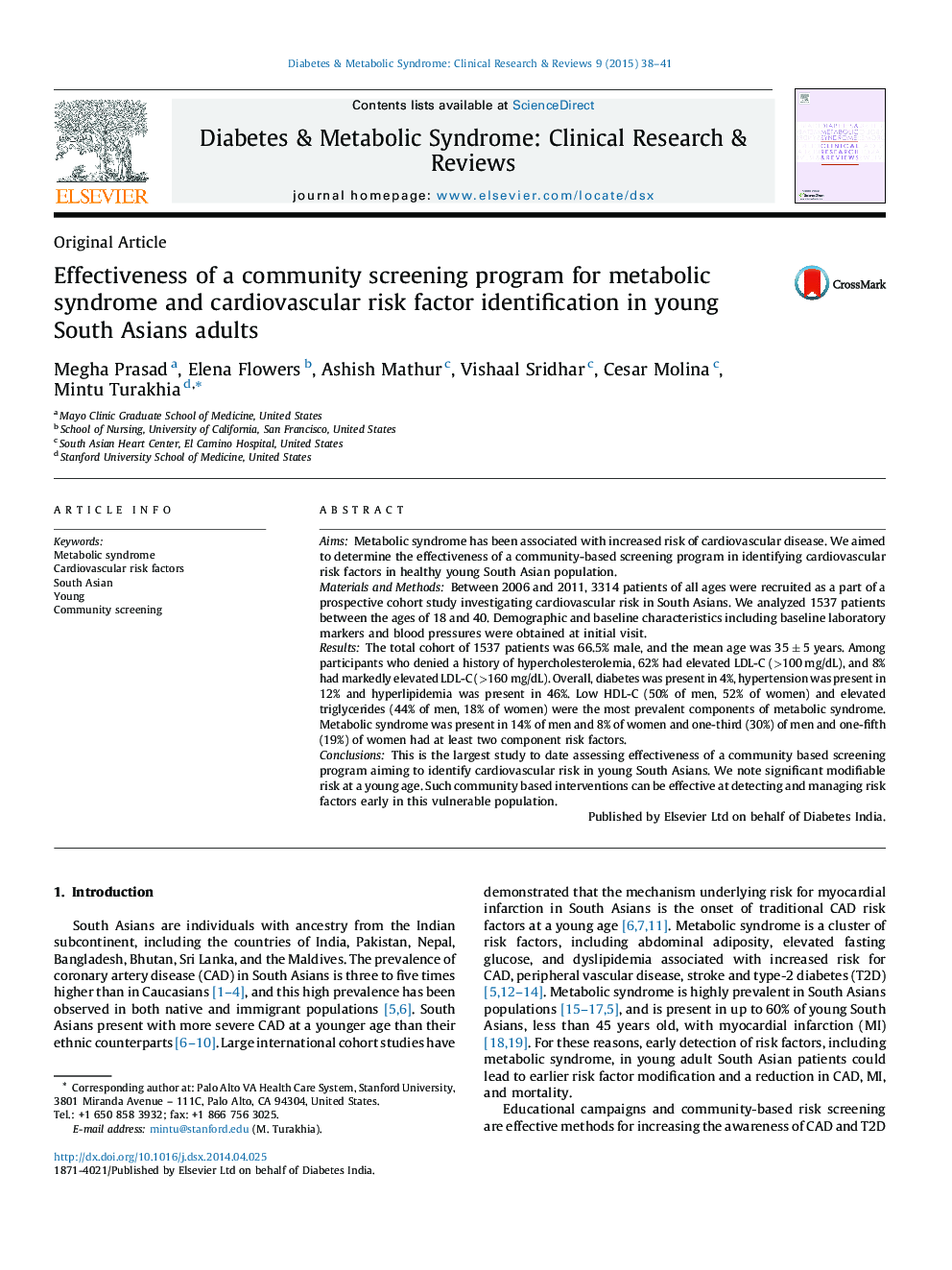 Effectiveness of a community screening program for metabolic syndrome and cardiovascular risk factor identification in young South Asians adults