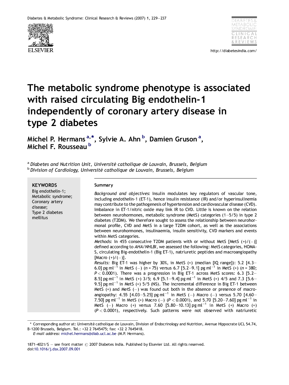 The metabolic syndrome phenotype is associated with raised circulating Big endothelin-1 independently of coronary artery disease in type 2 diabetes